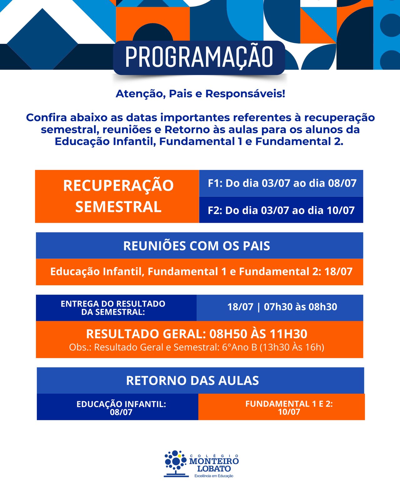 Programação referente à recuperação semestral, reuniões e retorno às aulas